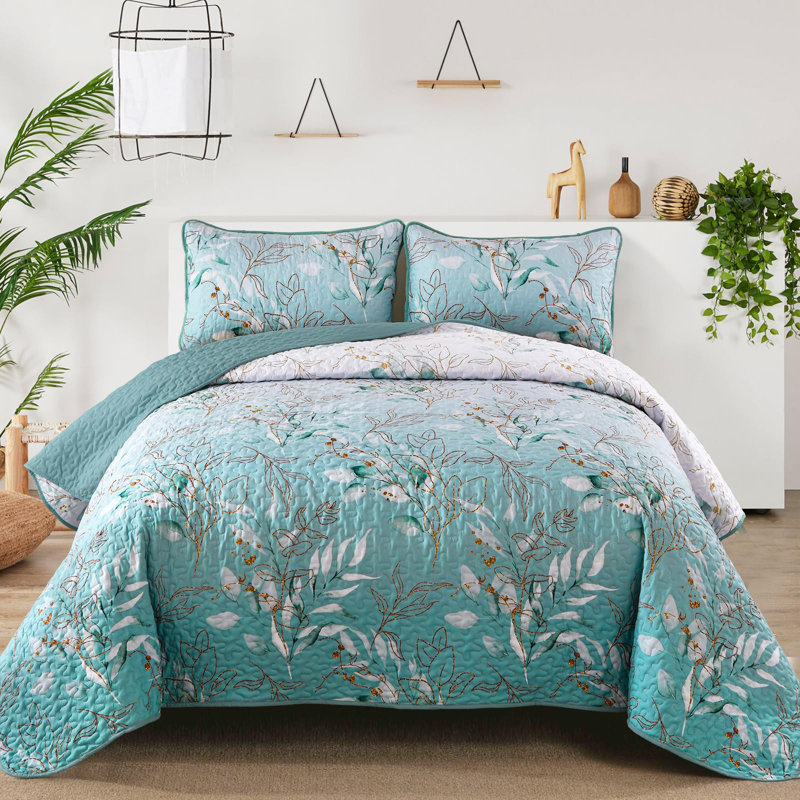 Ensemble de courtepointe 3 pièces à motif de fleurs en dégradé toutes saisons, Turquoise