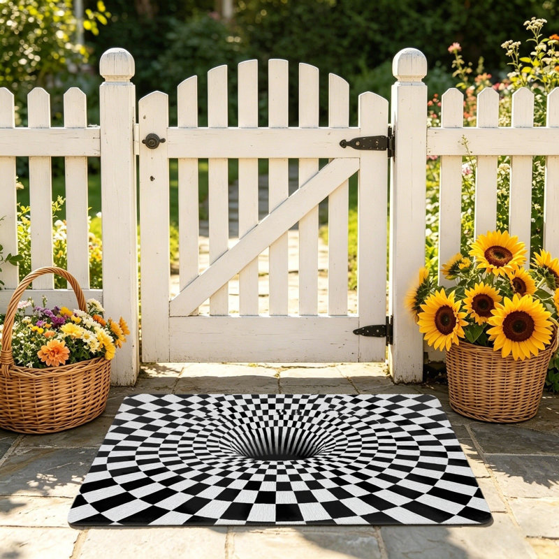 Tapis d'entrée noir et blanc à carreaux vortex 24 x 36 po pour porte d'entrée
