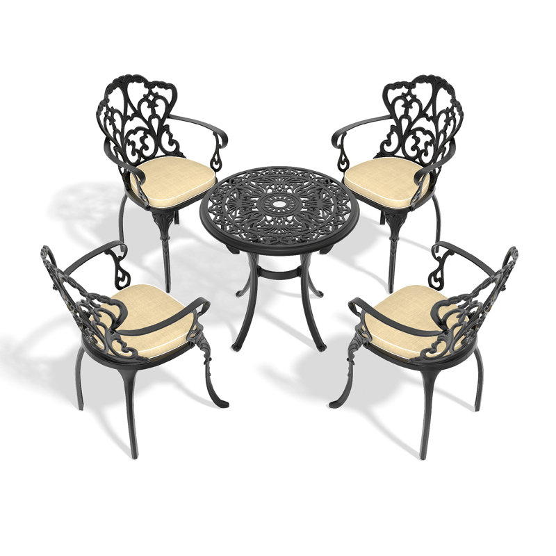 Ensemble de 5 meubles de patio en aluminium coulé avec cadre noir et coussins de siège blanc cassé