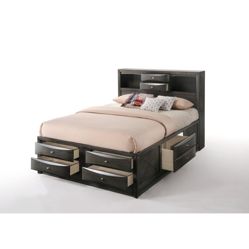 Lit de rangement double en chêne gris - aucun sommier requis, structure en bois, bibliothèque rectangulaire TB For Requirement, 8 tiroirs, structure,