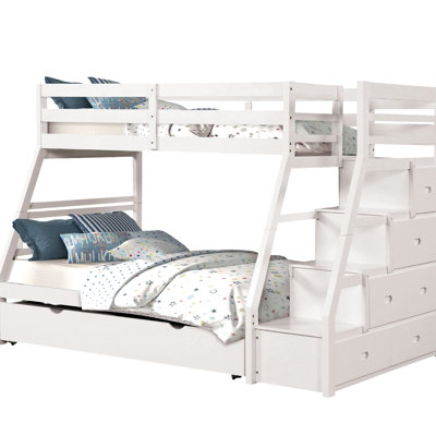 Lit superposé simple au-dessus d'un lit double transitionnel avec finition blanche, joint à glissières et joint verrouillable, marches de rangement intégrées, ensemble de lattes inclus, tiroirs à joints, marches avant accessibles