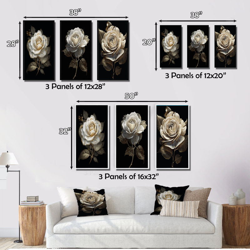 «Retro White Rose Portrait On Black», 3 pièces, Cadre flottant blanc, H 28 po x l 36 po
