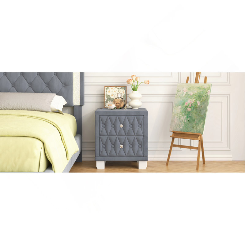 2-Drawer Upholstered Nightstand, Gray