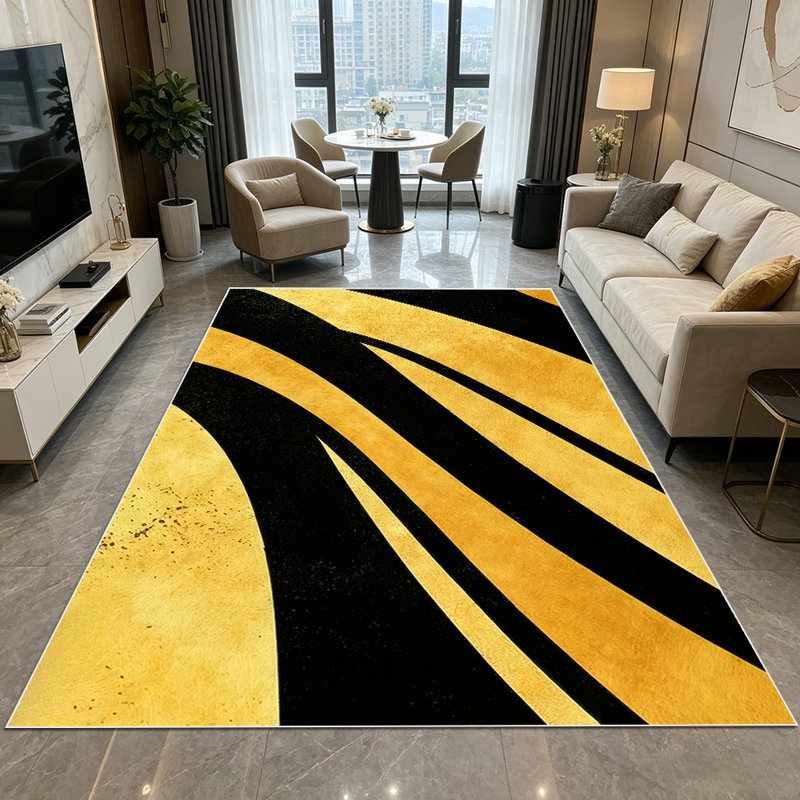 1PC Modern Abstract Black and Gold Curved Tiger Stripe Pattern area rugs for Living Room, Soft and Comfortable, Suitable for all seasons, easy-to-maintain, machine washable Indoor floor mat, Under Table Farmhouse suitable for dining room, bedroom,