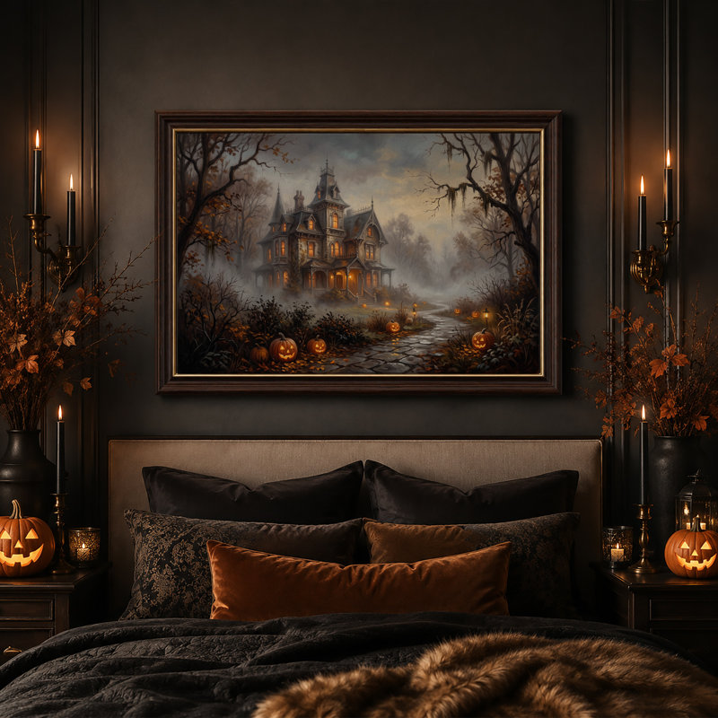 Manoir victorien hanté avec citrouilles illuminées sur une toile murale d'Halloween, H 12 po x l 18 po