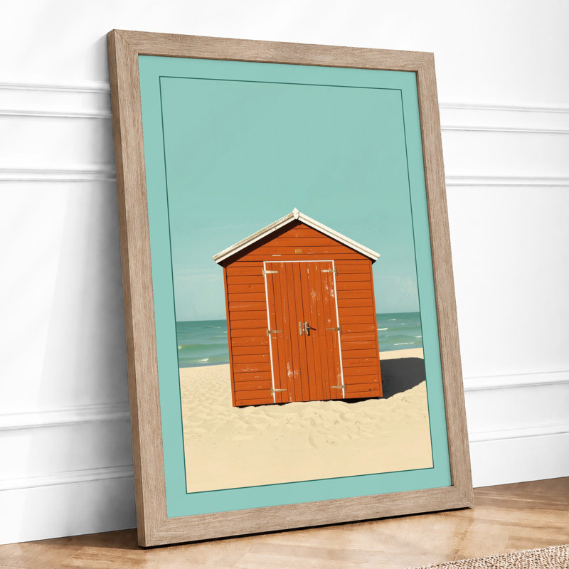 Red Beach Hut Coastal - Framed Print, Oak, A4 - 29.7 x 21.0 cm