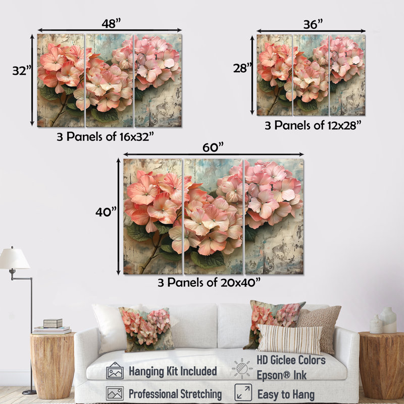 Hydrangea Country Charm I - Hydrangea, ensemble d'art mural, Canevas, H 40 po x l 60 po x P 1 po