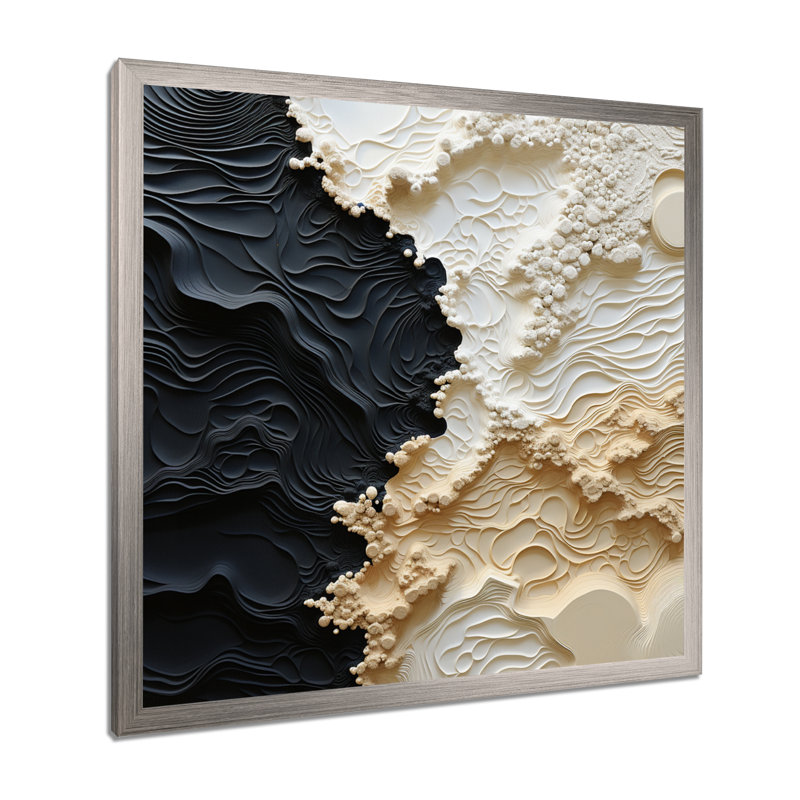 Abstrait crème et noir liquide, reproduction d'art sur toile côtière, H 36 po x l 36 po, Cadre photo unique, Argent argent