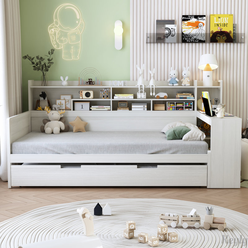 Wooden Storage Daybed with Trundle and Study Desk, Twin, Antique White