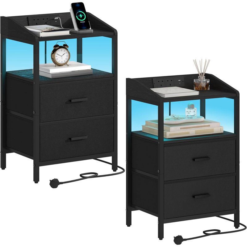 Bedside Table Set Of 2 With LED Lights And Charging Station, Bedside Cabinet With 2 Fabric Storage Drawers, Black