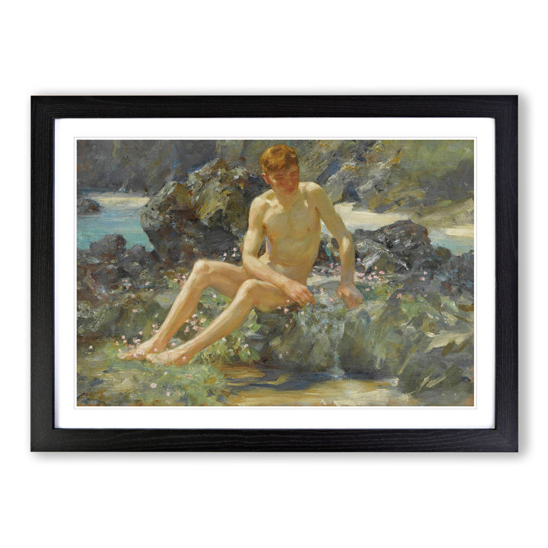 Nude Man on the Rocks by Henry Scott Tuke - Picture Frame Painting, 27cm H x 36cm W x 2cm D, Black Framed