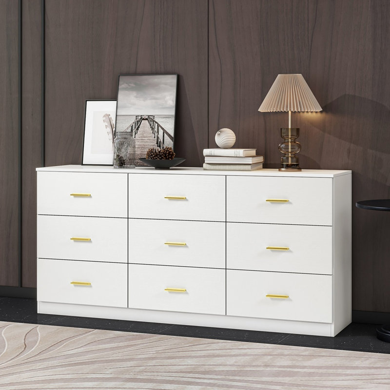 Contemporain, 9 tiroirs, commode, chambre à coucher, placards, finition brillante, matériau, spécification imperméable lisse, blanc antique, texture, surface, aménagement du salon