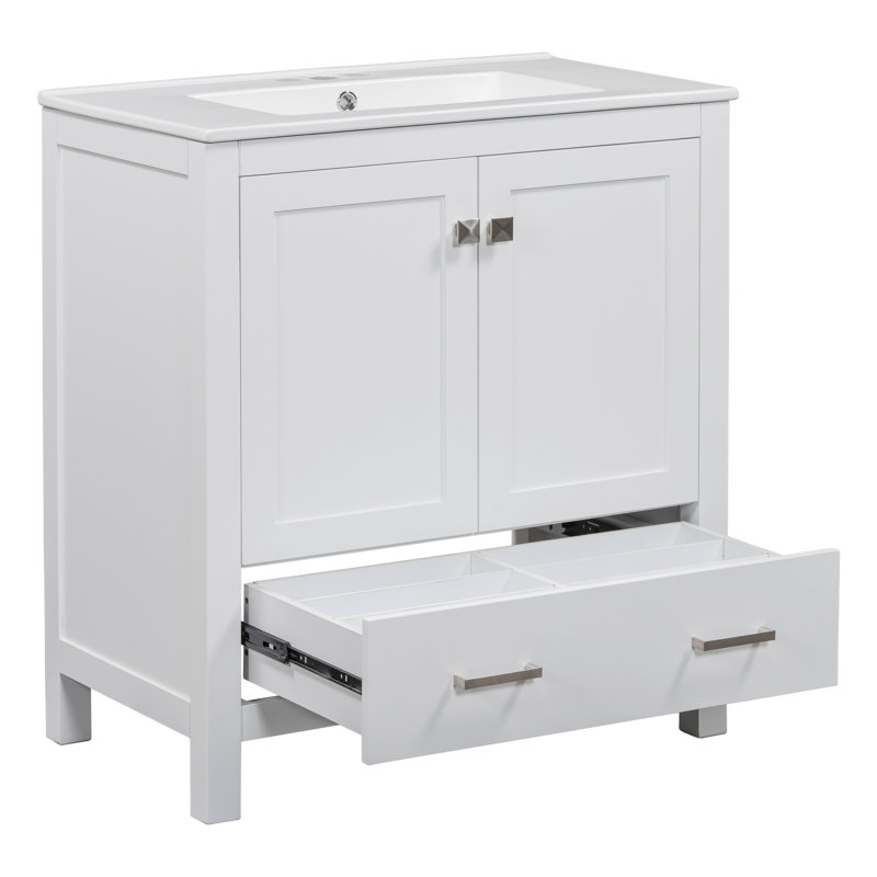 Meuble-lavabo 30 po avec fermeture en douceur, lavabo blanc, bois massif + armoire, 2 portes et 1 rangement, meuble-lavabo contemporain avec élément, lavabo en céramique, cadre, 2 portes et 1 tiroir