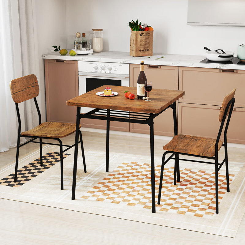 Ensemble de table et de chaises de cuisine en bois 3 pièces avec support de rangement en métal
