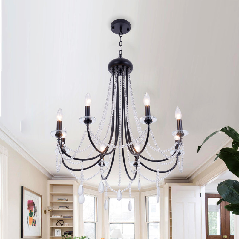 33-Inch Black Iron And Crystal Chandelier, 8-Light With Adjustable Chain