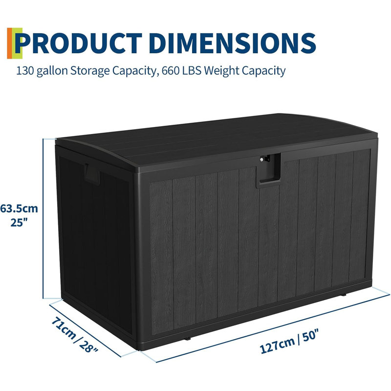 130 Gallon Outdoor Waterproof Storage Box, Outdoor Storage Boxes, 25" H x 50" W x 28" D, Black