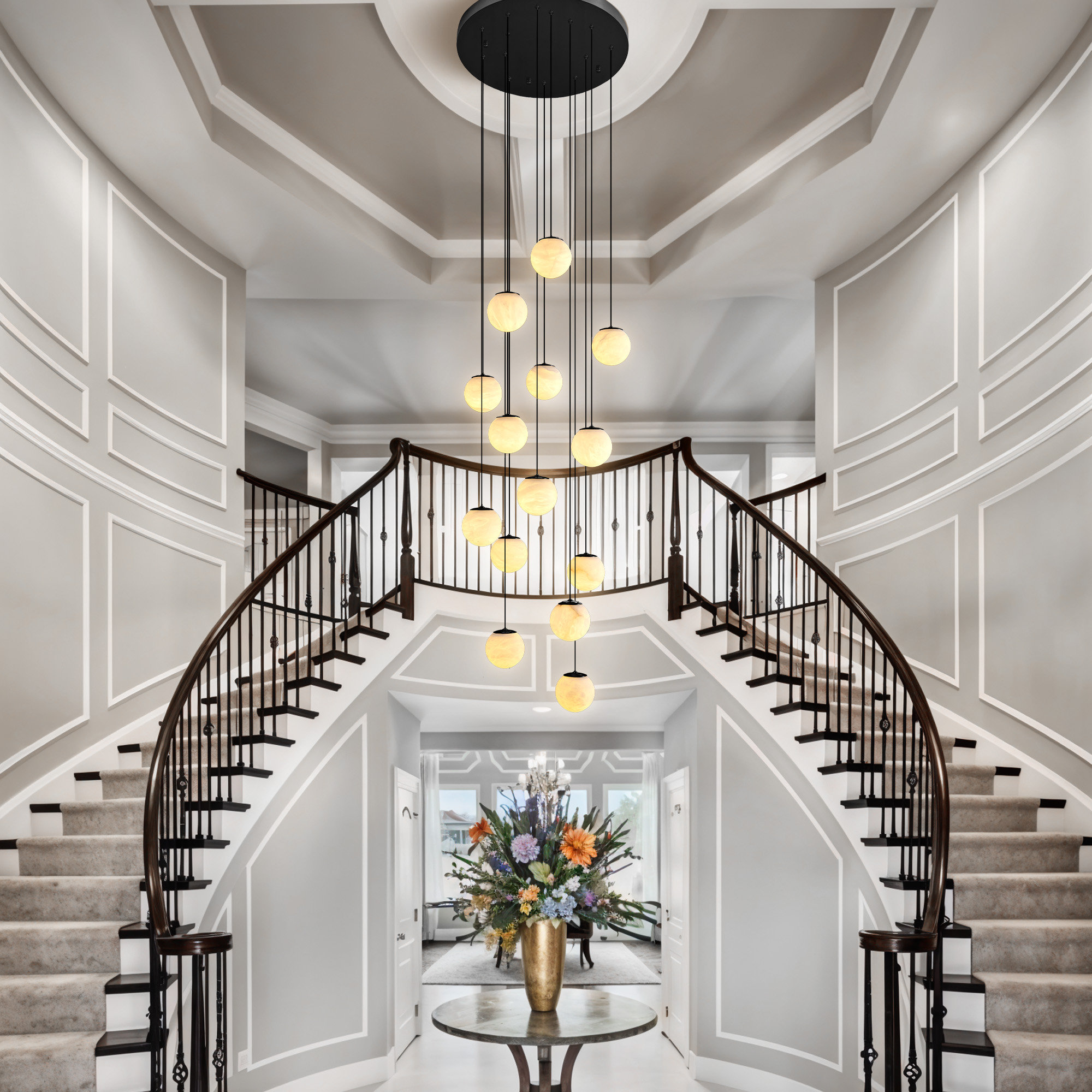 14-Lights Alabaster Staircase Chandelier Everly Quinn Finish: Matte Black, image size:2000x2000
