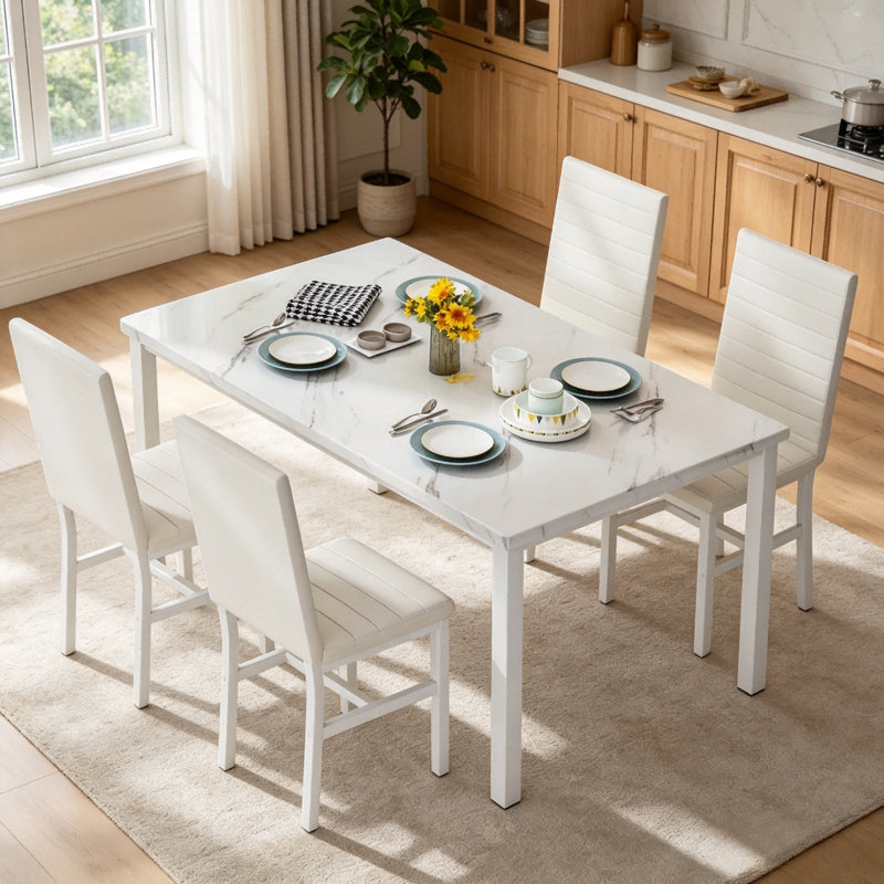 Ensemble de salle à manger 5 pièces pour 4 personnes, table de salle à manger rectangulaire avec plateau en marbre blanc et 4 chaises rembourrées à haut dossier, ensemble de salle à manger moderne pour les petits coins-repas et les petits espaces