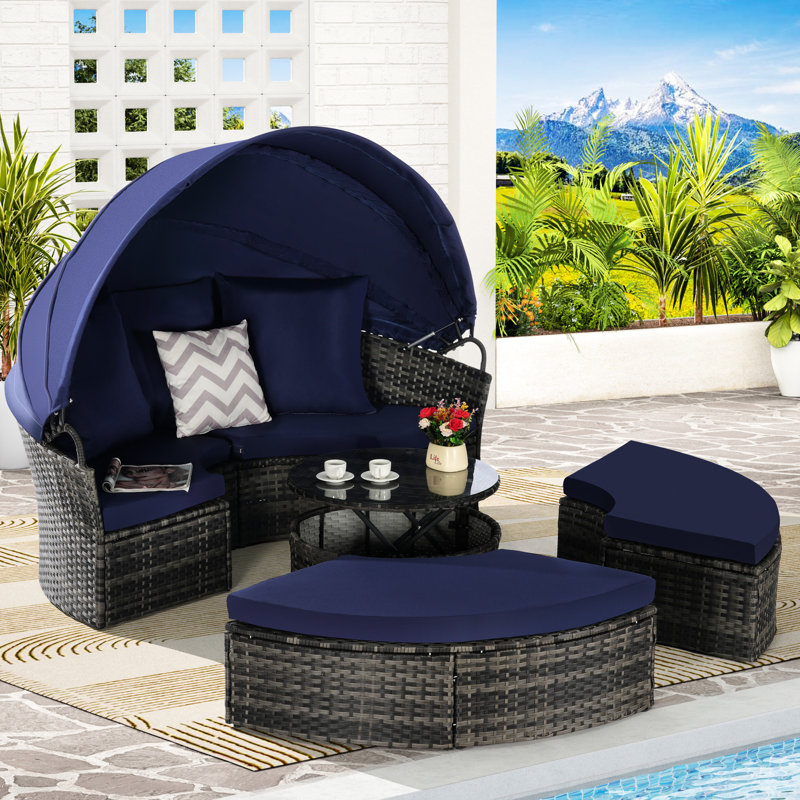 Mobilier d'extérieur rond pour lit de jour avec auvent, coussins hydrofuges et à séchage rapide, Bleu très foncé