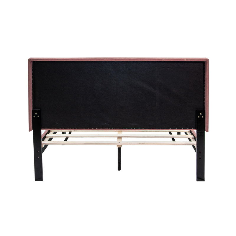 Ensemble de meubles de chambre 3 pièces comprenant un lit simple, des tables de chevet, une tête de lit capitonnée rose et un revêtement en tissu.