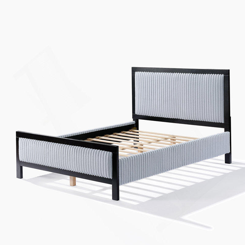 Grand lit tapissier avec tête de lit moelleuse, cadre gris et noir, Grand lit