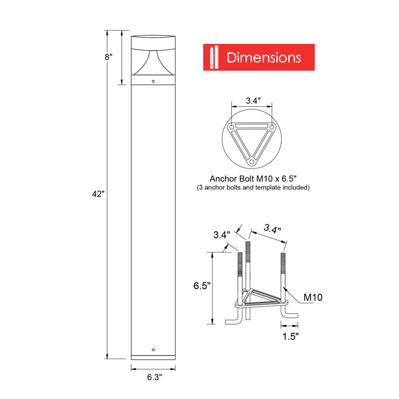 Black Aluminum LED Pathway Bollard Light with Clear Lens