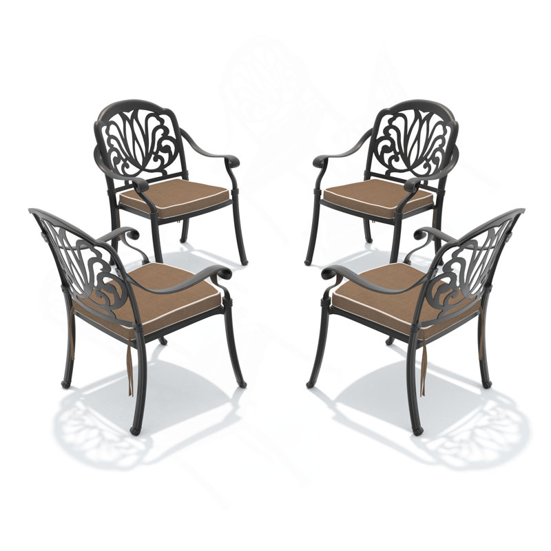 Chaise de patio en fonte d'aluminium 4 pièces avec structure et coussins noirs, 4