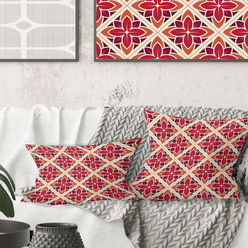 Coussin décoratif rétro à motif floral Mid-Century, Rouge