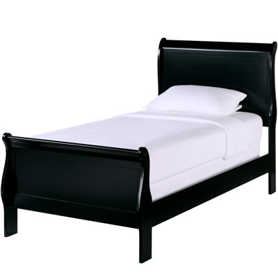 Lit simple avec finition noire de style traditionnel, construction en bois, tête de lit et rails inclus, sommier tapissier nécessaire, finition, rails, requis