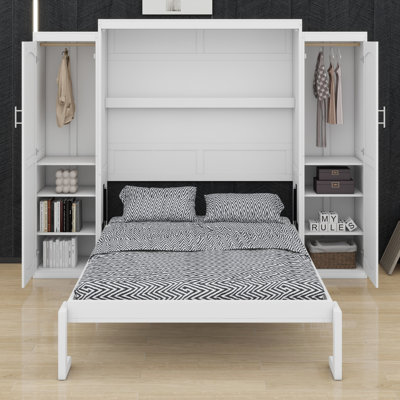 Murphy Bed with 2 Wardrobes and Storage Shelf, Space-Saving Design