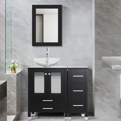 Meuble-lavabo simple 36 po avec plateau en bois, lavabo vasque, robinet en alliage de zinc Grayland, pieds en bois massif Grayland