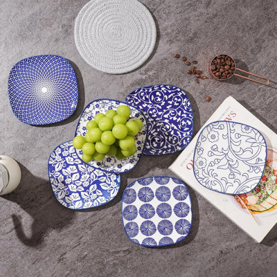 Petites assiettes en porcelaine - assiettes à dessert et à apéritif de 6 pouces, allant au micro-ondes et au lave-vaisselle, ensemble de 6, bleu rétro