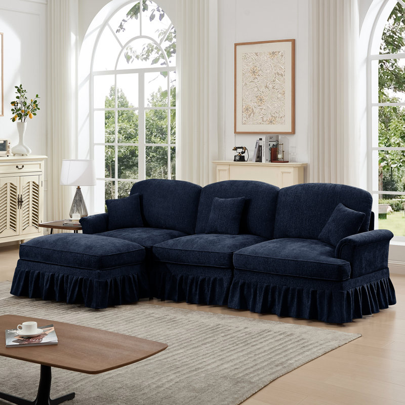 Mid-Century 3 chenilles bleues avec jupes plissées à volants, évasées et mobiles - Élégant canapé modulaire fonctionnel et modulaire, 3 pieds à broche amovibles pour des besoins divers
