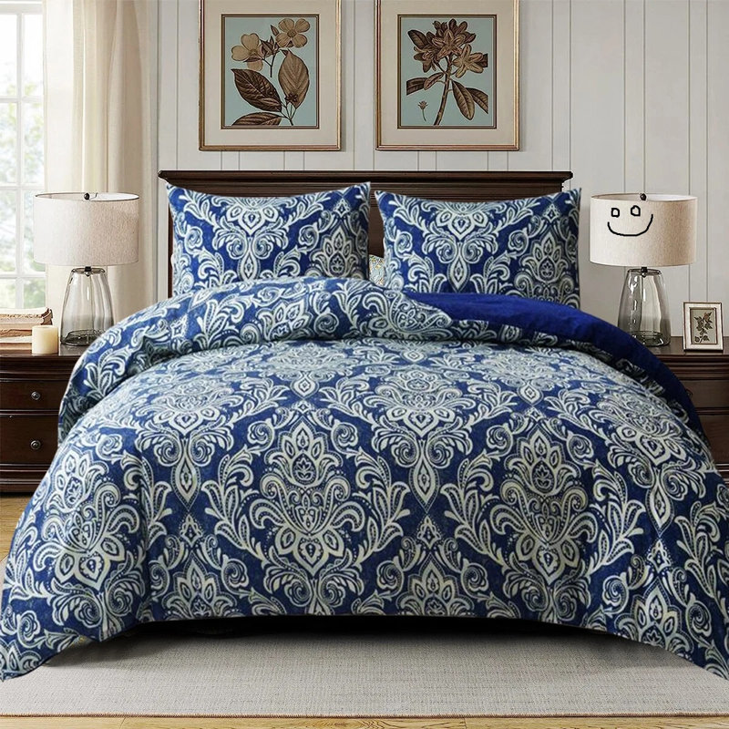 Cotton Damask Duvet Cover Set, King Duvet Cover Set + 3 Additional Pieces, Blue Damask