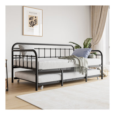 Twin Size Metal Daybed Frame with Trundle, Heavy Duty Steel Slat Support Sofa Bed Platform with Headboard, No Box Spring Needed, Black