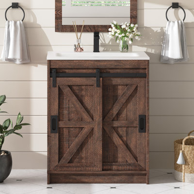 24" Farmhouse Single Sink Bathroom Vanity With Sliding Barn Door,brown