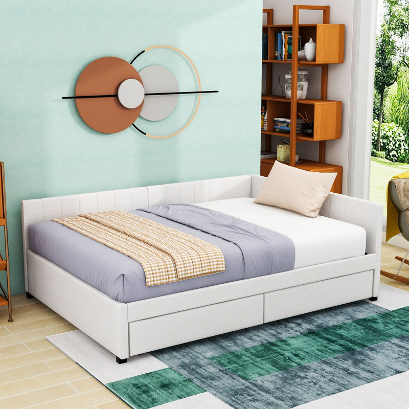 2 Drawers Full Upholstered Daybed, Semi-Closed Design, Beige