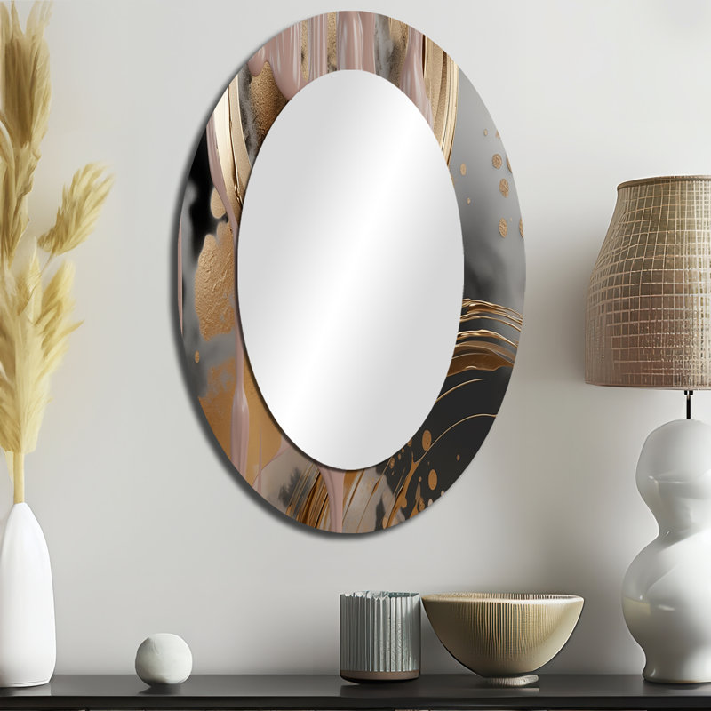 Abstrait abstrait doré et rose Infinity Circles II - Miroir décoratif abstrait ovale sur métal, 36 po x 24 po