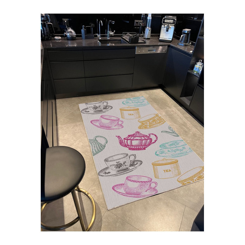 Tapis lavable à la machine Teacup and Teapot, Sous-tapis rectangulaire de 3 pi 3 po x 4 pi 11 po