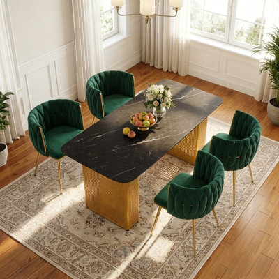 Ensemble de table de salle à manger rectangulaire en verre de 55,1 po pour 4 personnes, table moderne en verre trempé avec pieds en acier inoxydable et chaises en velours de métal, parfaite pour la petite salle à manger, la cuisine et le coin-repas