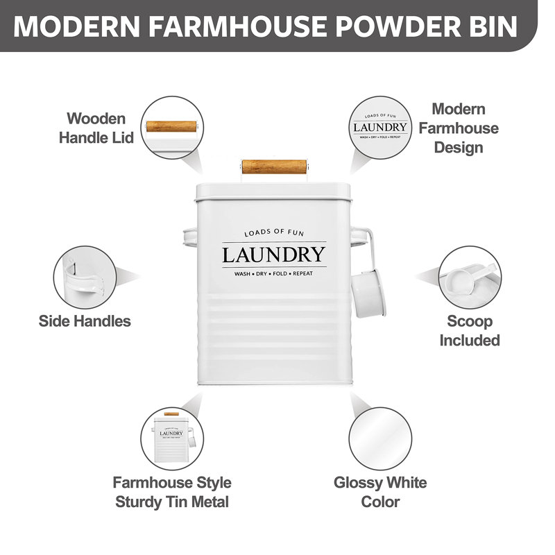 Modern Farmhouse Metal Laundry Soap Dispenser Container Holder With Scoop, White