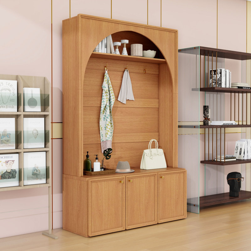 Elegant Hall Tree with Bench, Hooks, Adjustable Shelves and Arched Design, Natural
