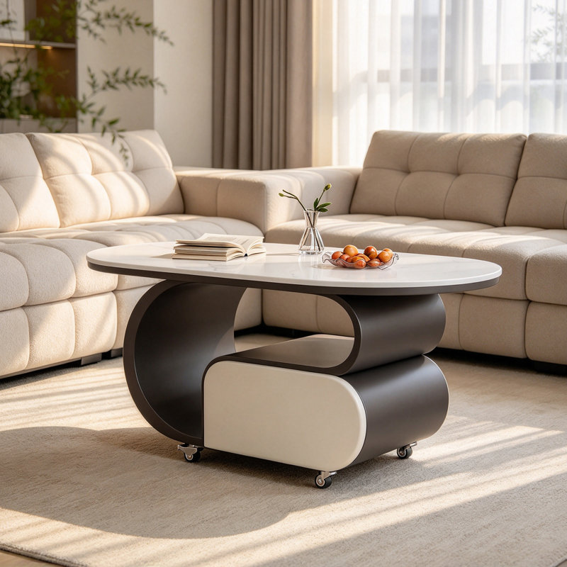 Table basse mobile avec rangement, H 19,68 po x l 31,49 po x P 15,74 po, Blanc Gris / crème Noir, Marbre