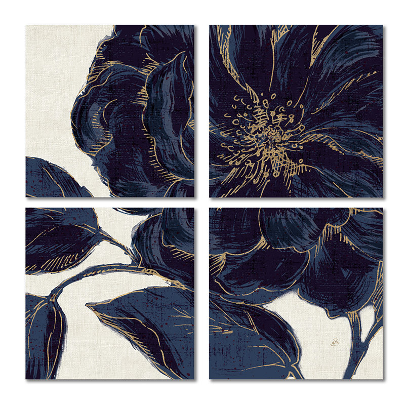 Rose foncé doré doré - ensemble de 4 reproductions d'art sur toile Shabby Elegance