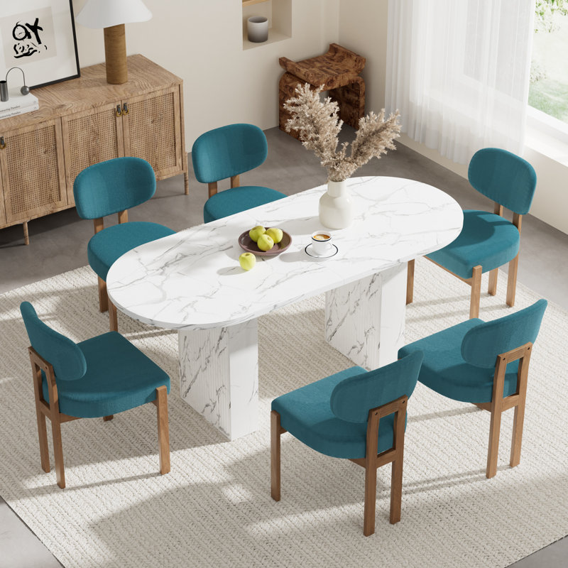 Oval Double Pedestal Kitchen Table Sets, 7 Pieces: Table, 6 Chairs, Teal