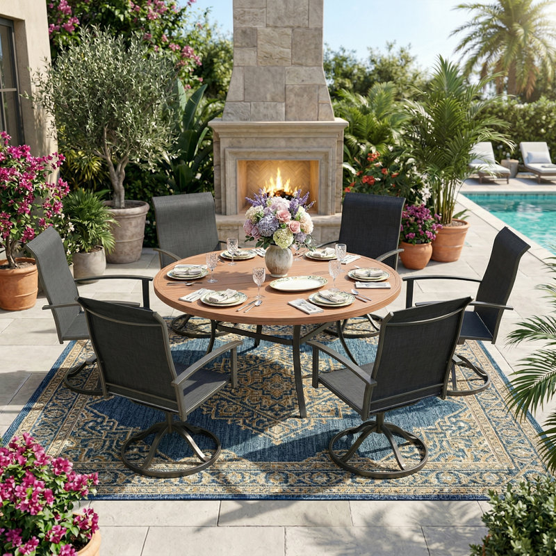 6-Person Patio Dining Set With Swivel Chairs, Walnut/Charcoal