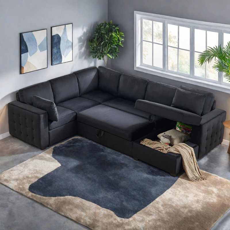 Canapé-lit modulaire en L de 111 po avec couchette coulissante et méridienne à rangement profond - noir velours - capacité de 2800 lb - Assemblage facile