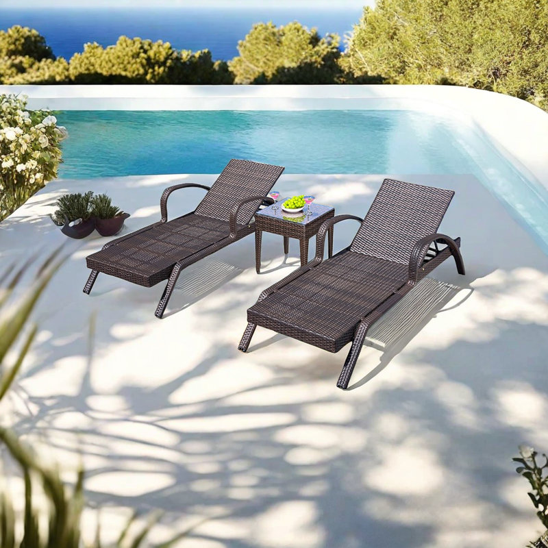 Adjustable Outdoor Recliner Lounge Chair Handwoven Outdoor Wicker Chaise Lounge Set with Table