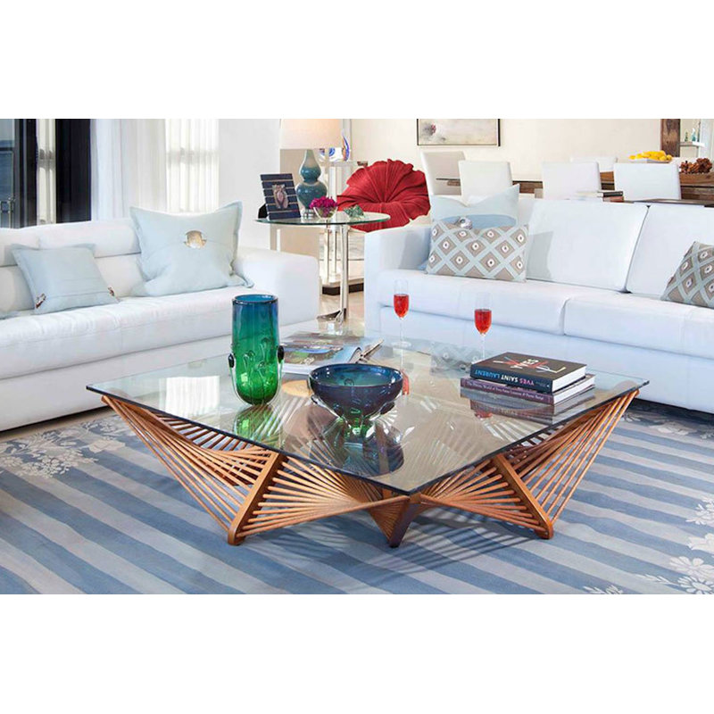Modern Medium Brown Glass Top Coffee Table with Geometric Base