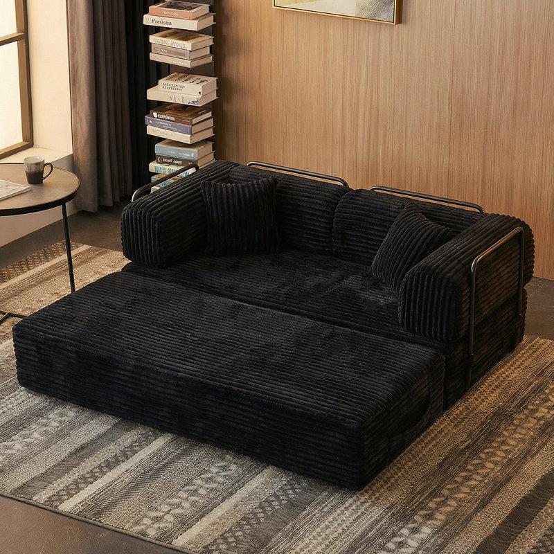 Canapé-lit convertible modulaire à compression avec dossier coussiné et accoudoirs pour le salon ou la chambre à coucher.